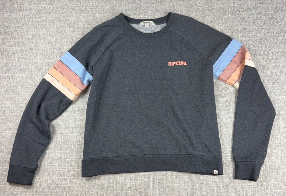 Rip Curl Womens XS Crewneck Sweatshirt Gray Retro Stripe Sleeve Surf Pullover
